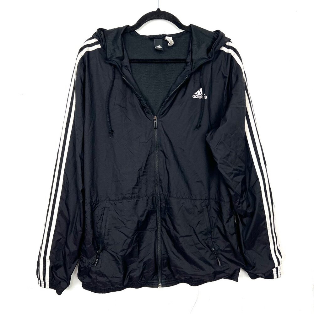 Adidas Black Windbreaker Jacket Full‎ Zip Hooded 3 Stripes Sleeve Men's Large